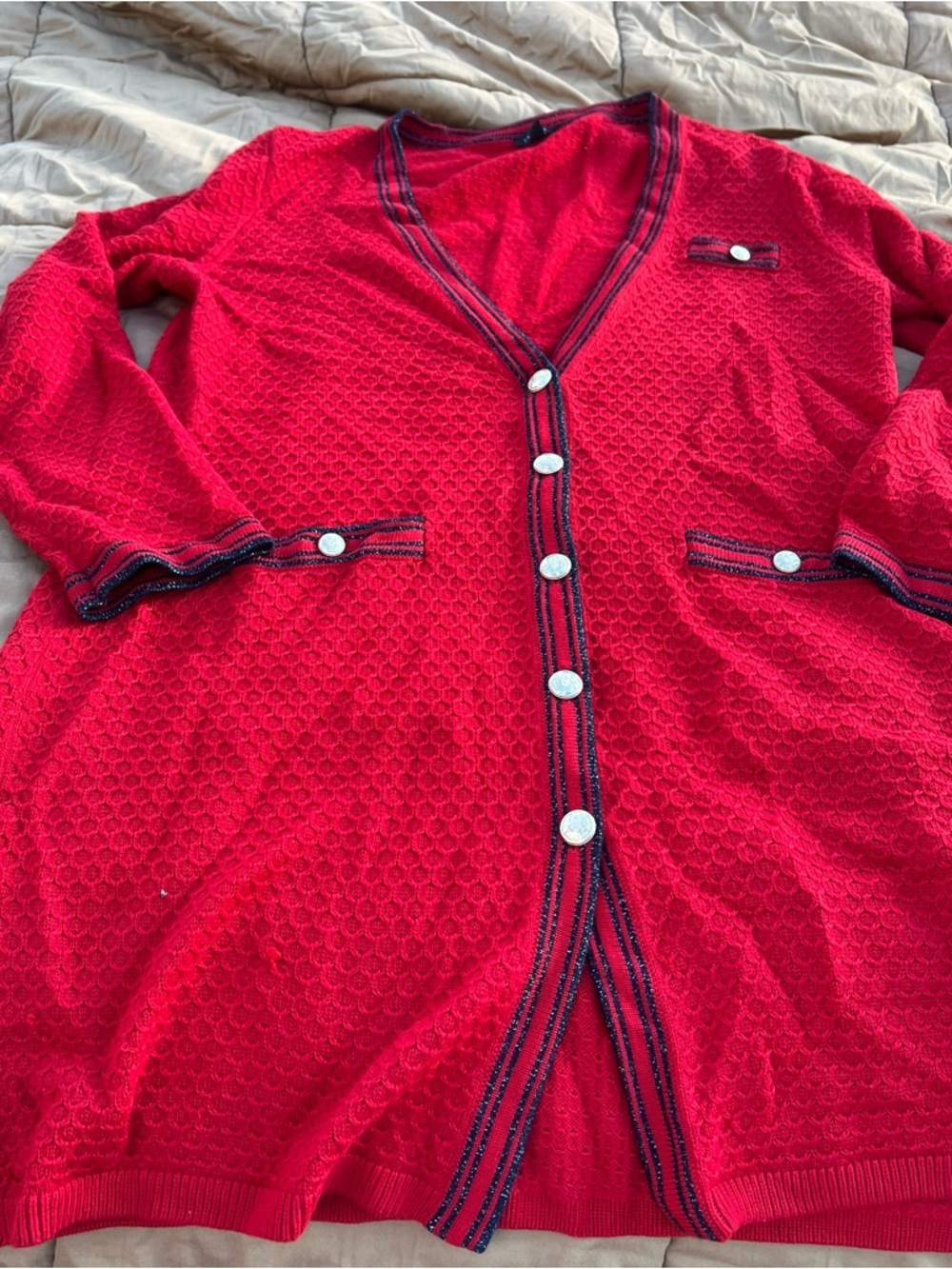 Talbots Red Knit Wool Blend Button-Front Long Cardigan w/Navy Lurex Trim Size L